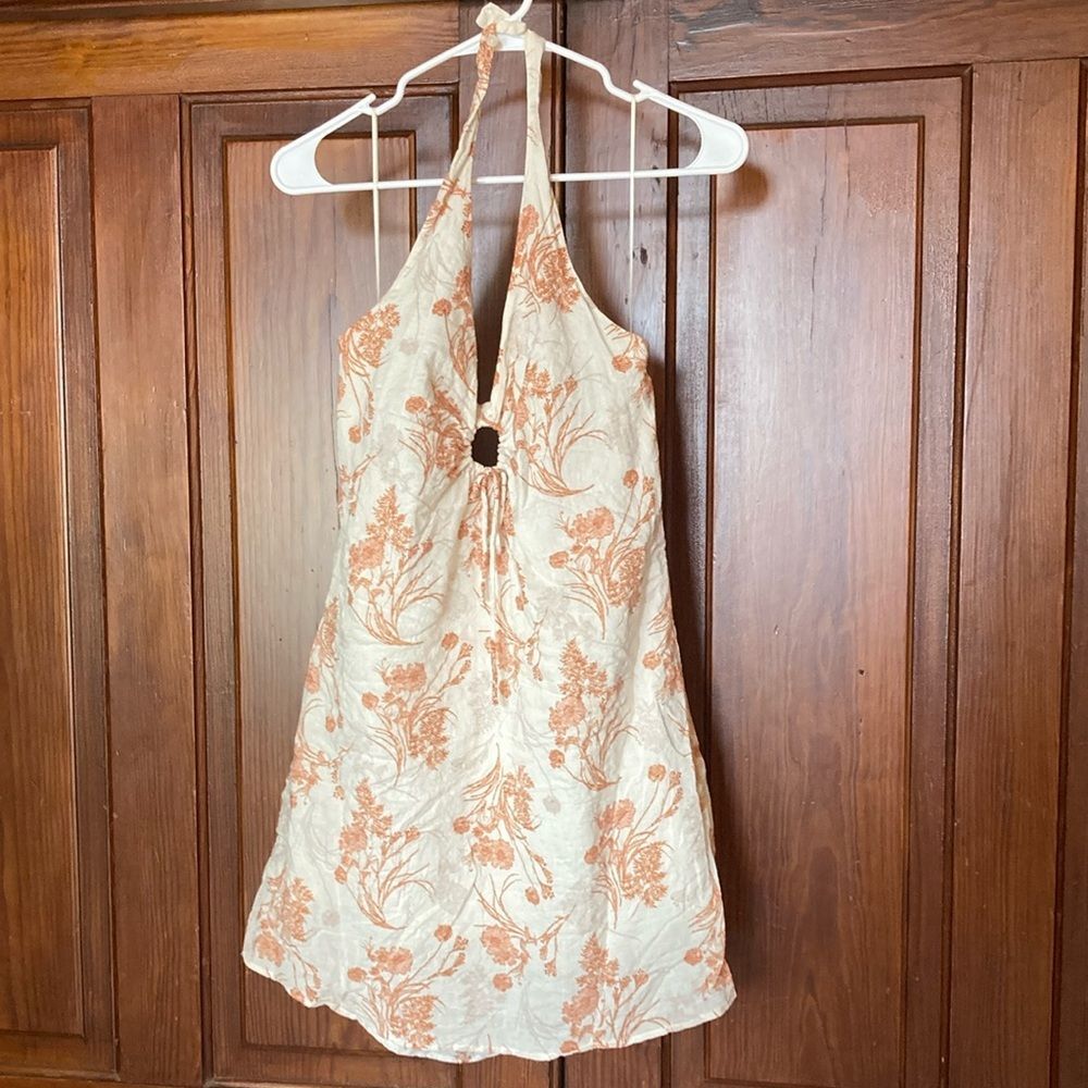 Promesa Floral Cream Brown/Orange Halter Lined Cotton Rayon Mini Dress Size M